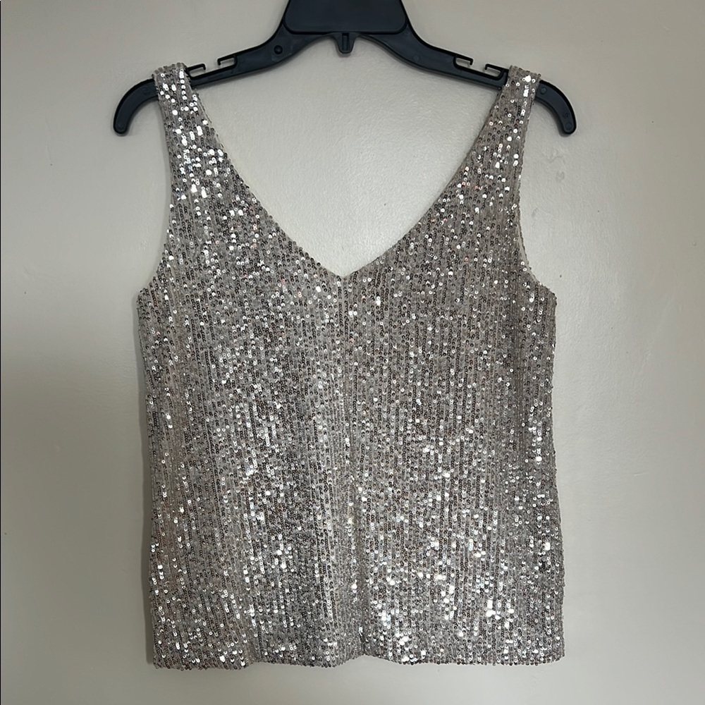 Pink Lily Sparkling Metallic Champagne Color Sequin V-Neck Tank Top - Size S